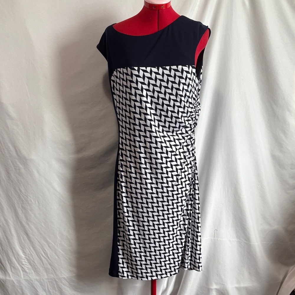 Connected Apparel Navy and White Patterned Midi Dress